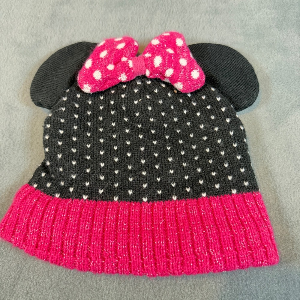 Disney Junior Minnie Mouse Beanie Hat Pink Black Polka Dot Bow Ears OSFM Knit